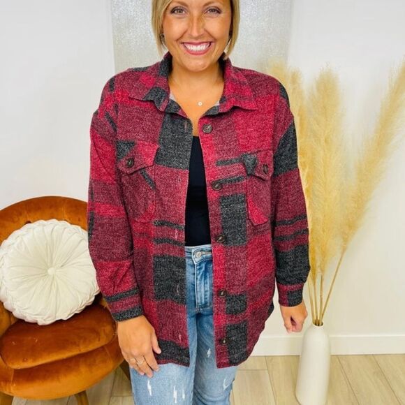 Burgundy & Black plaid Shacket - Picture 2 of 8